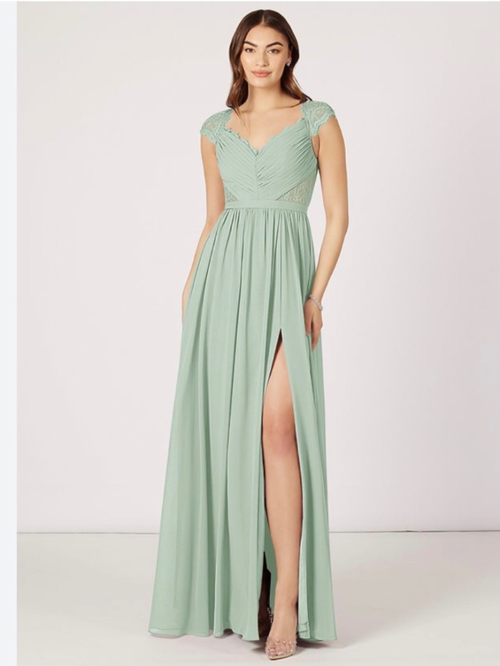 Azazie Suki A-Line Lace Chiffon Floor-Length Dress Dusty Sage NWT Custom Sz 12